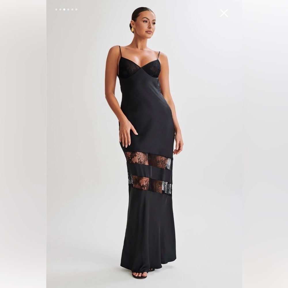 Meshki MYRNA Satin Lace Maxi Dress - Black